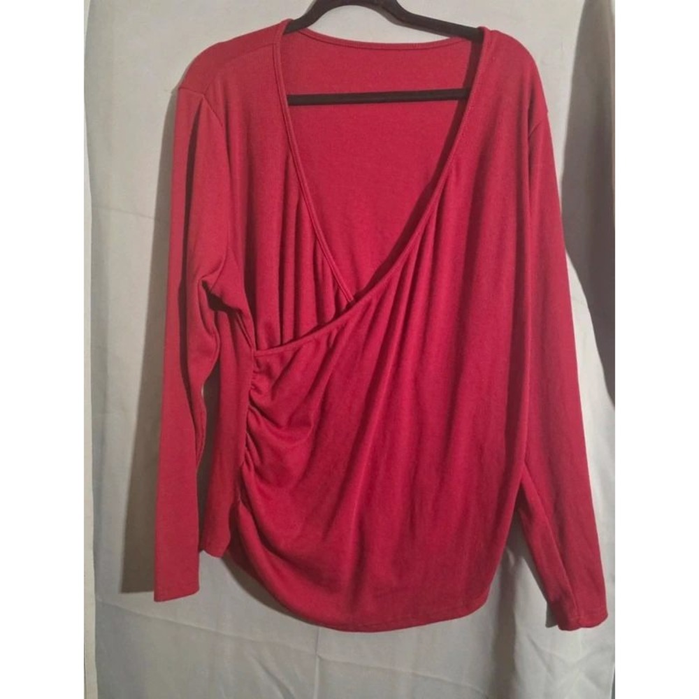 SHEIN Curve Red Ribbed Surplice Wrap Top Long Sleeve V-Neck Blouse 3XL